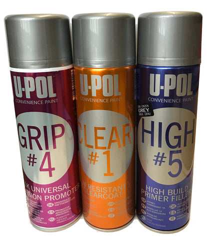 U-Pol All in One Kit: HIGH#5 Primer, Grip#4 Adhesion Promoter, and Clear#1 High Gloss Clear